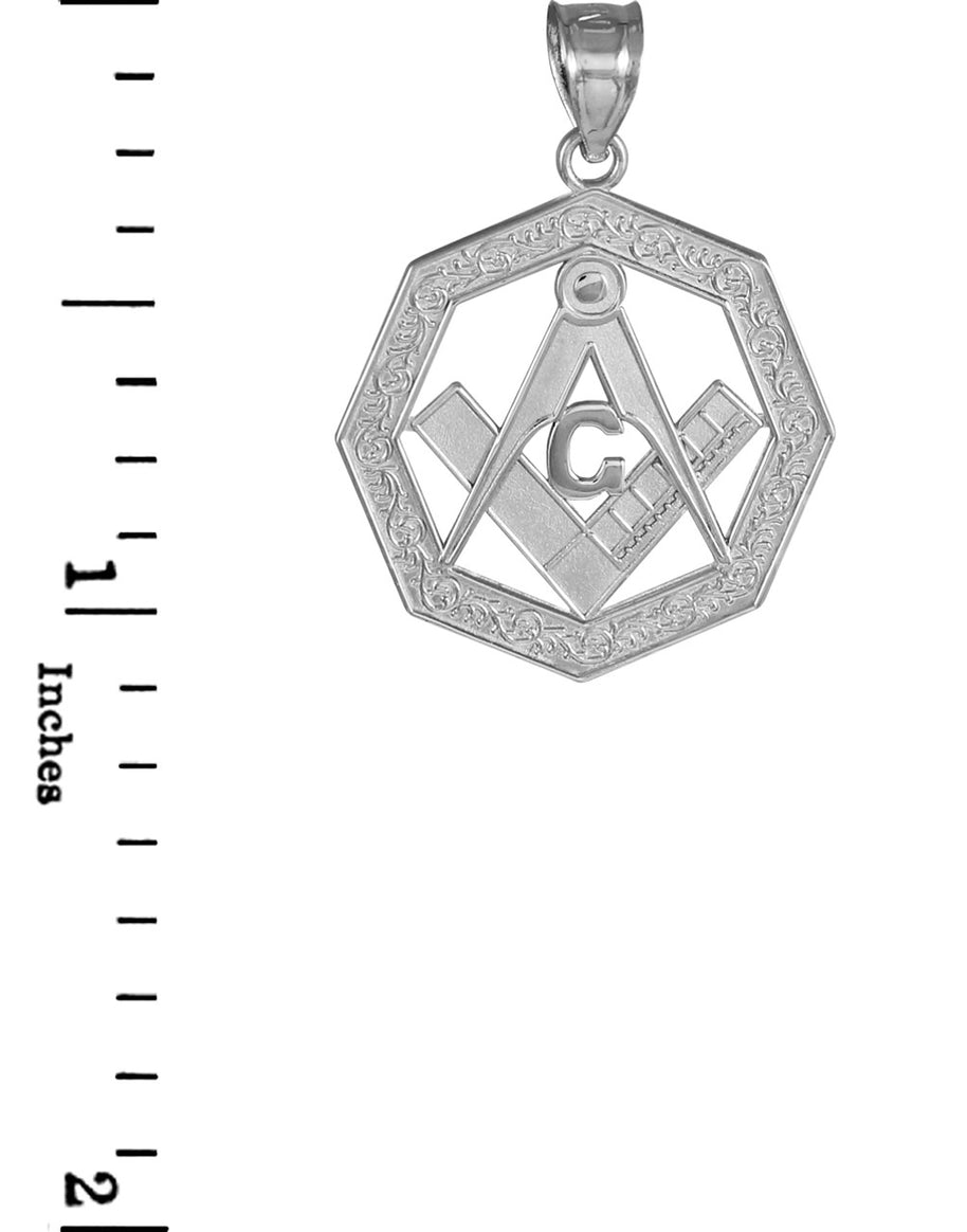 .925 Sterling Silver Freemason Square & Compass Octagon Shaped Pendant Necklace