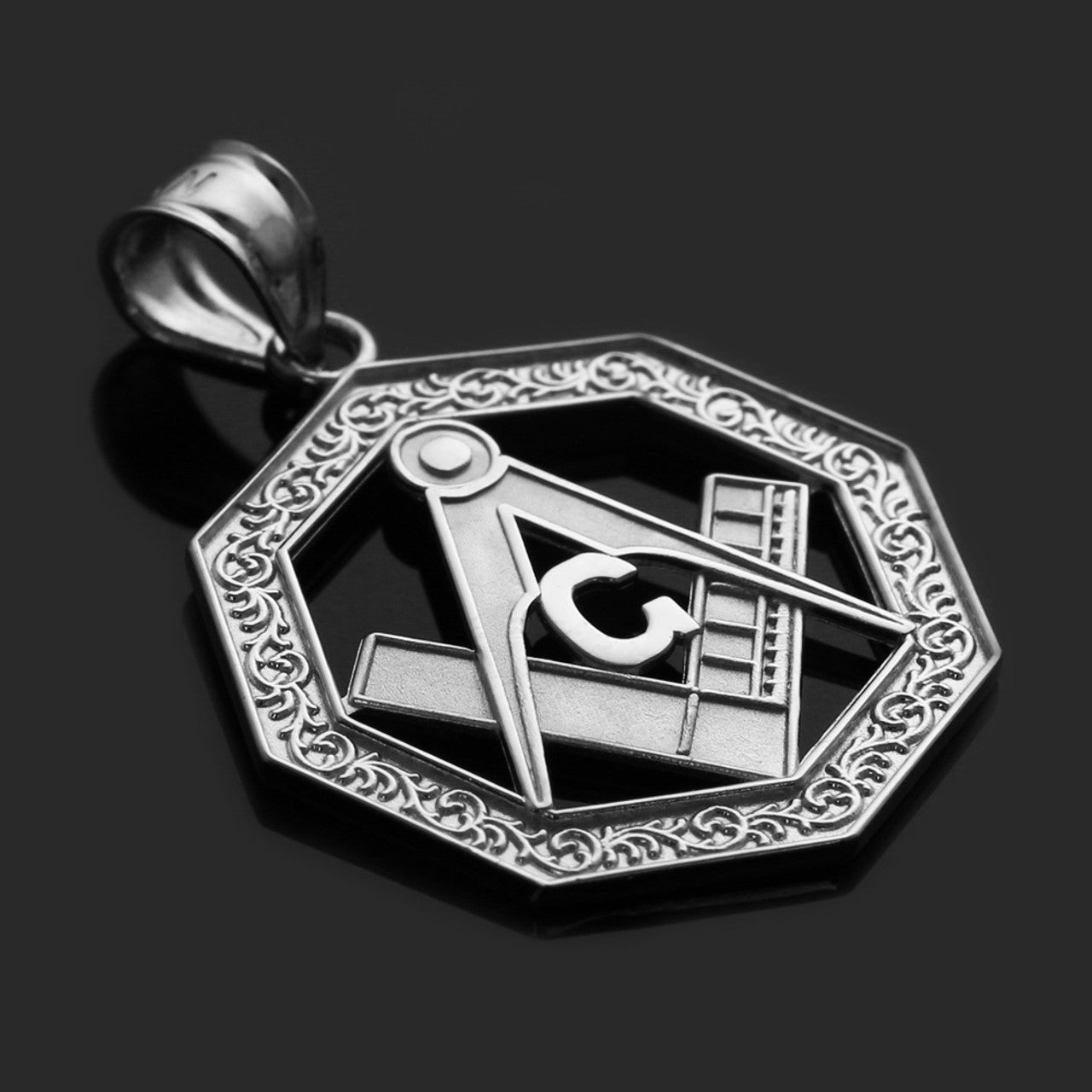 .925 Sterling Silver Freemason Square & Compass Octagon Shaped Pendant Necklace