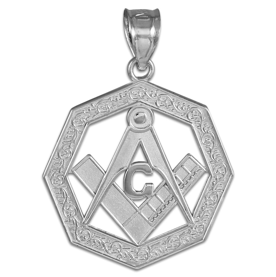 .925 Sterling Silver Freemason Square & Compass Octagon Shaped Pendant Necklace