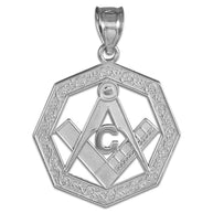 .925 Sterling Silver Freemason Square & Compass Octagon Shaped Pendant Necklace