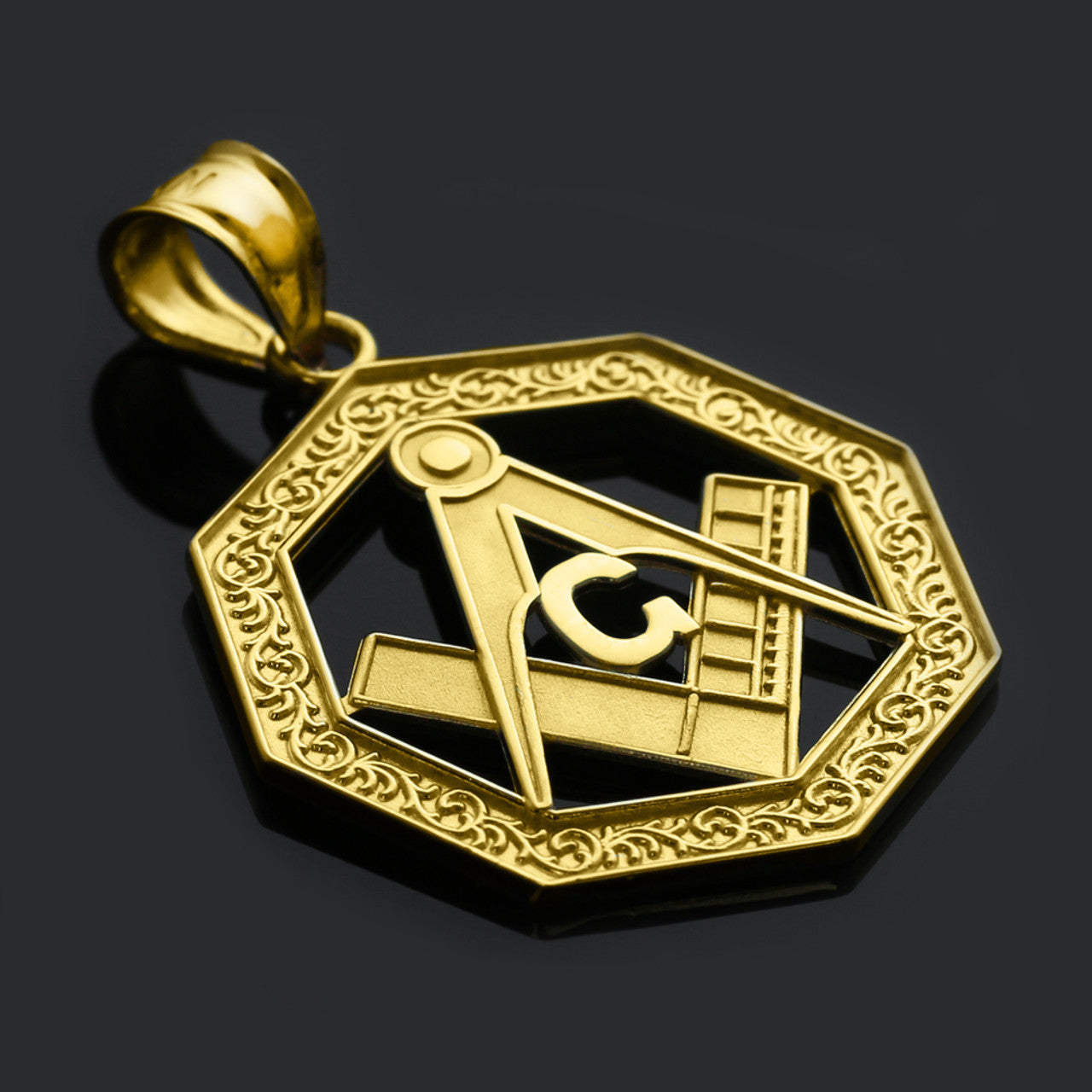 Yellow Gold Freemason Square & Compass Octagon Shaped Pendant Necklace