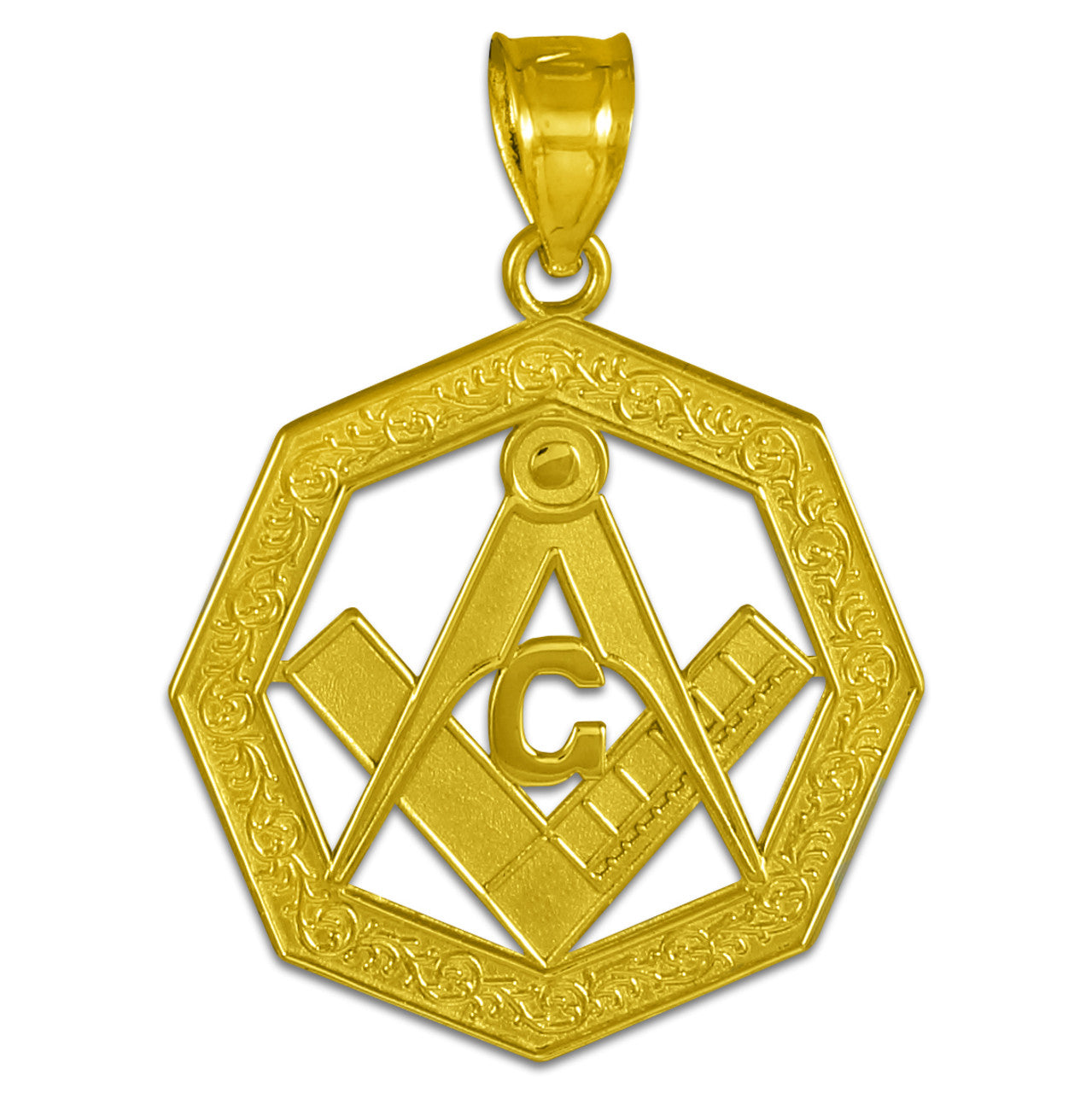 Yellow Gold Freemason Square & Compass Octagon Shaped Pendant Necklace