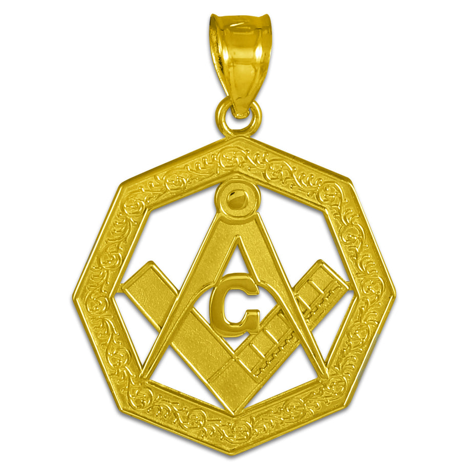 Yellow Gold Freemason Square & Compass Octagon Shaped Pendant Necklace
