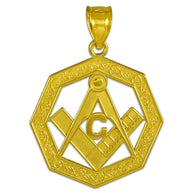 Yellow Gold Freemason Square & Compass Octagon Shaped Pendant Necklace