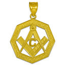 Yellow Gold Freemason Square & Compass Octagon Shaped Pendant Necklace