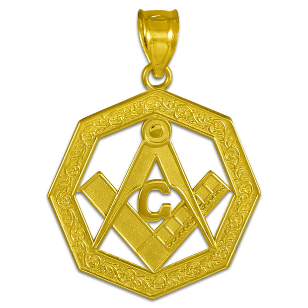 Yellow Gold Freemason Square & Compass Octagon Shaped Pendant Necklace