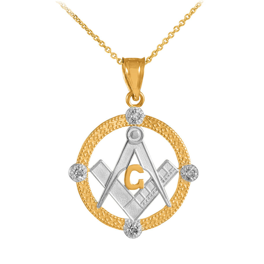 Solid Gold Freemason Diamond Square & Compass Round Beaded Pendant Necklace(Available In Yellow/White/Two Tone Gold)