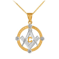 Solid Gold Freemason Diamond Square & Compass Round Beaded Pendant Necklace(Available In Yellow/White/Two Tone Gold)
