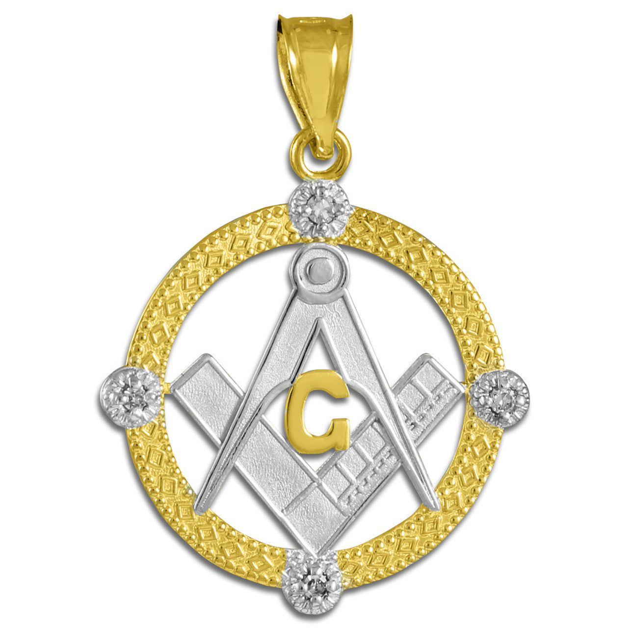 Solid Gold Freemason Diamond Square & Compass Round Beaded Pendant Necklace(Available In Yellow/White/Two Tone Gold)