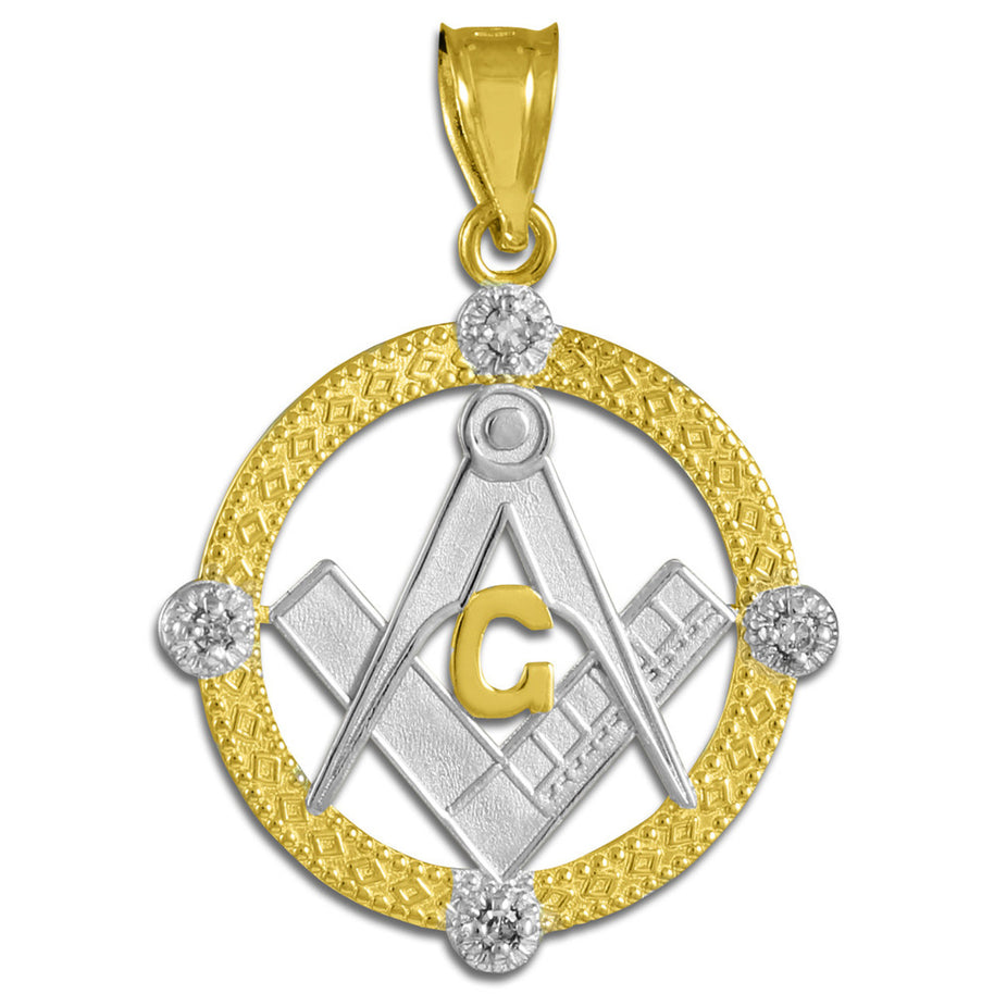 Solid Gold Freemason Diamond Square & Compass Round Beaded Pendant Necklace(Available In Yellow/White/Two Tone Gold)