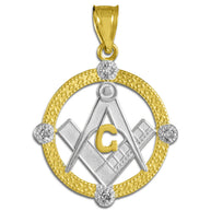 Solid Gold Freemason Diamond Square & Compass Round Beaded Pendant Necklace(Available In Yellow/White/Two Tone Gold)