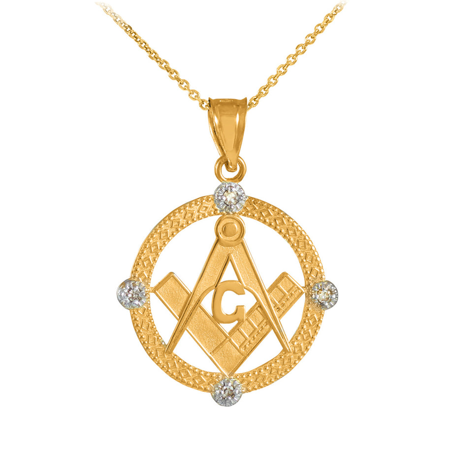 Solid Gold Freemason Diamond Square & Compass Round Beaded Pendant Necklace(Available In Yellow/White/Two Tone Gold)