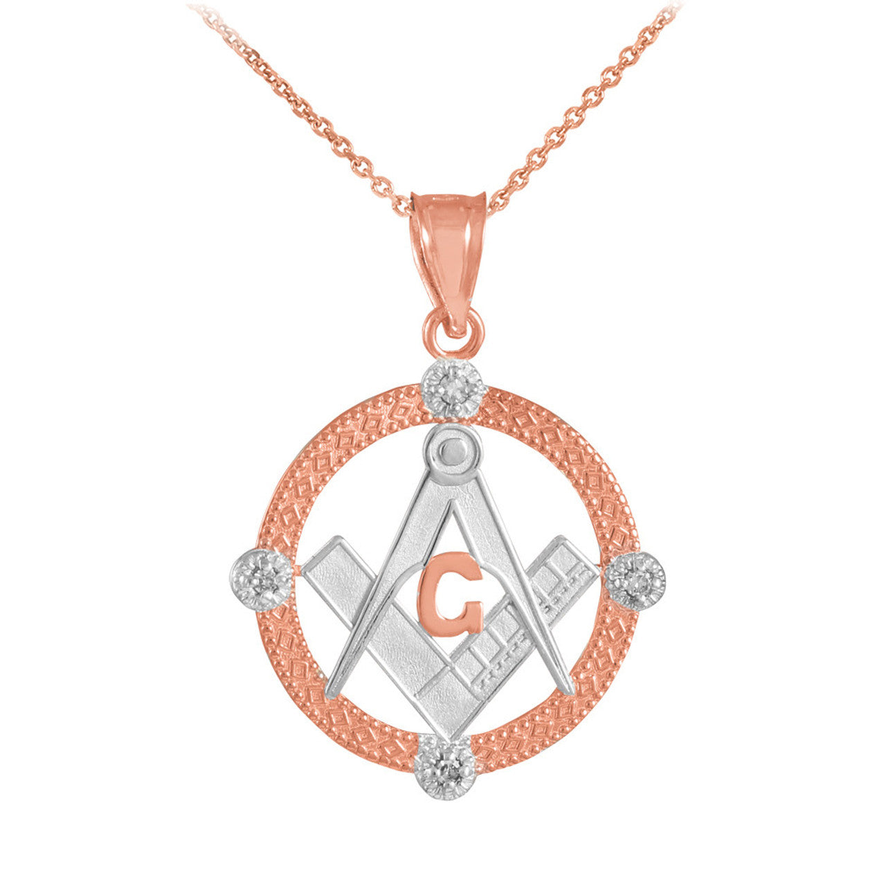 Solid Gold Freemason Diamond Square & Compass Round Beaded Pendant Necklace(Available In Yellow/White/Two Tone Gold)