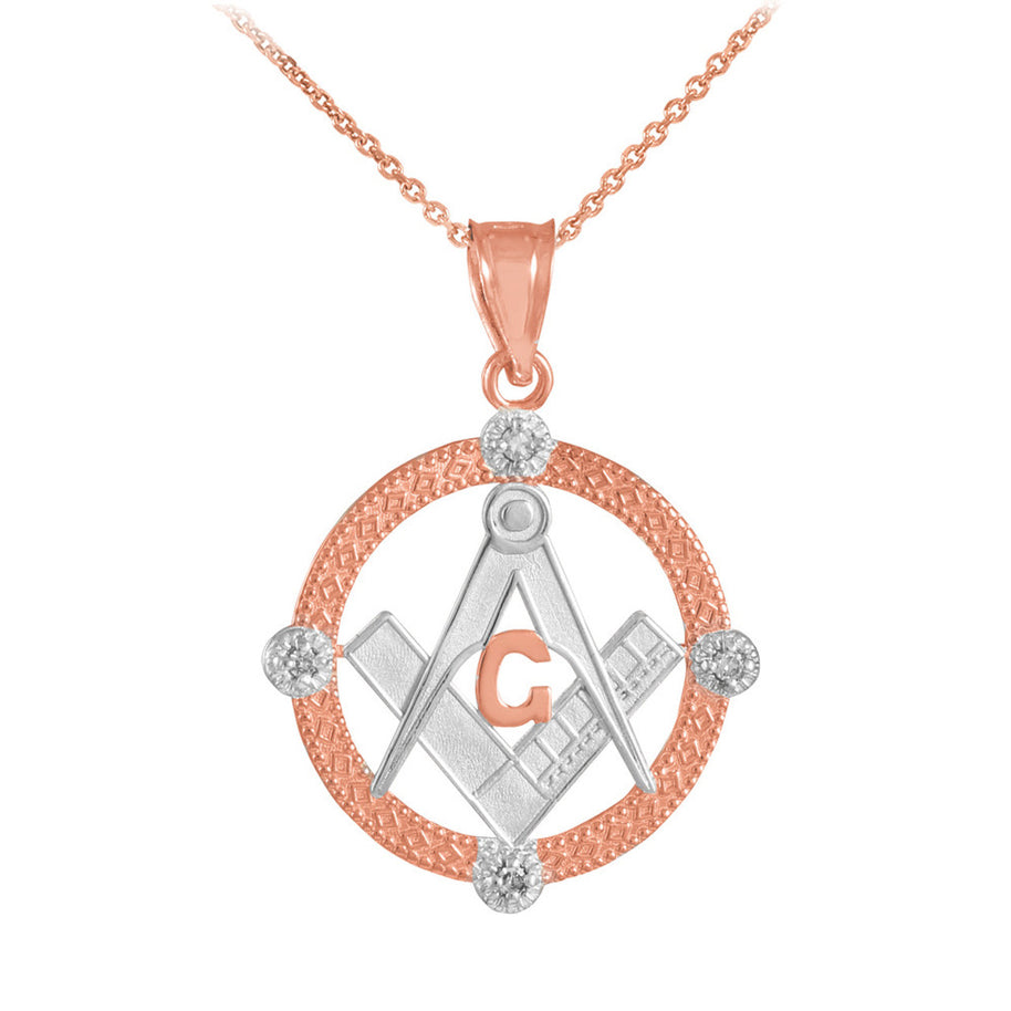 Solid Gold Freemason Diamond Square & Compass Round Beaded Pendant Necklace(Available In Yellow/White/Two Tone Gold)
