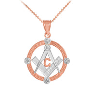 Solid Gold Freemason Diamond Square & Compass Round Beaded Pendant Necklace(Available In Yellow/White/Two Tone Gold)