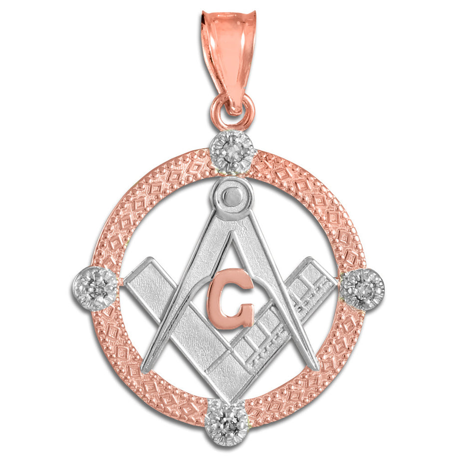 Solid Gold Freemason Diamond Square & Compass Round Beaded Pendant Necklace(Available In Yellow/White/Two Tone Gold)