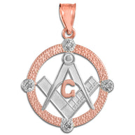 Solid Gold Freemason Diamond Square & Compass Round Beaded Pendant Necklace(Available In Yellow/White/Two Tone Gold)