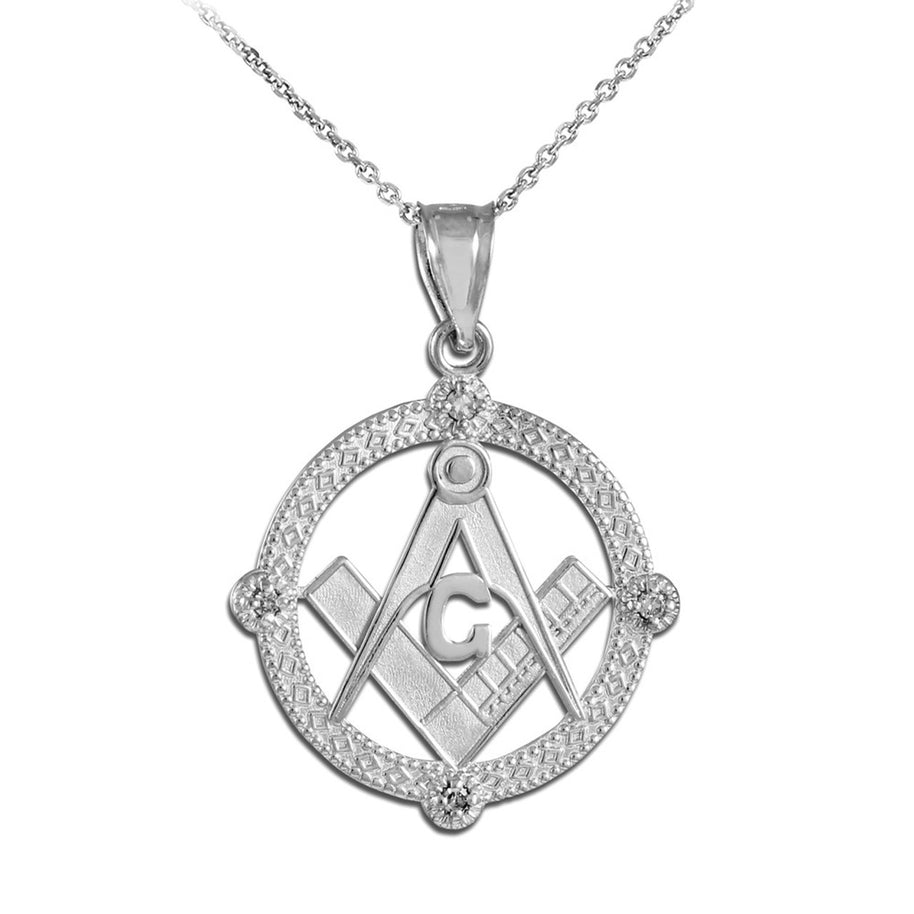 Solid Gold Freemason Diamond Square & Compass Round Beaded Pendant Necklace(Available In Yellow/White/Two Tone Gold)