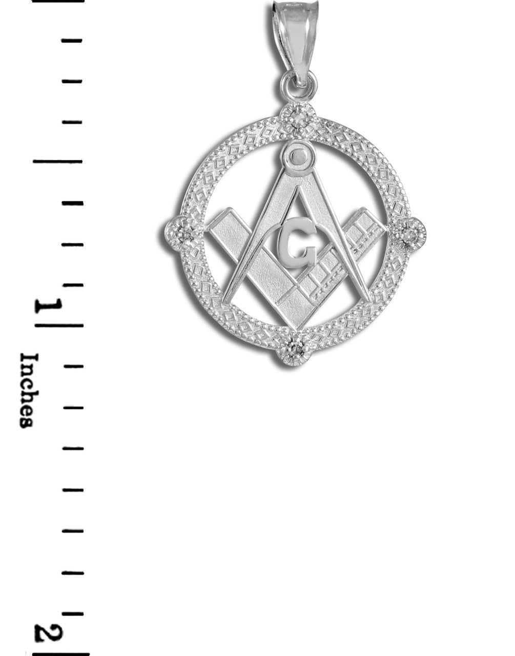.925 Sterling Silver Freemason Diamond Square & Compass Round Beaded Pendant Necklace