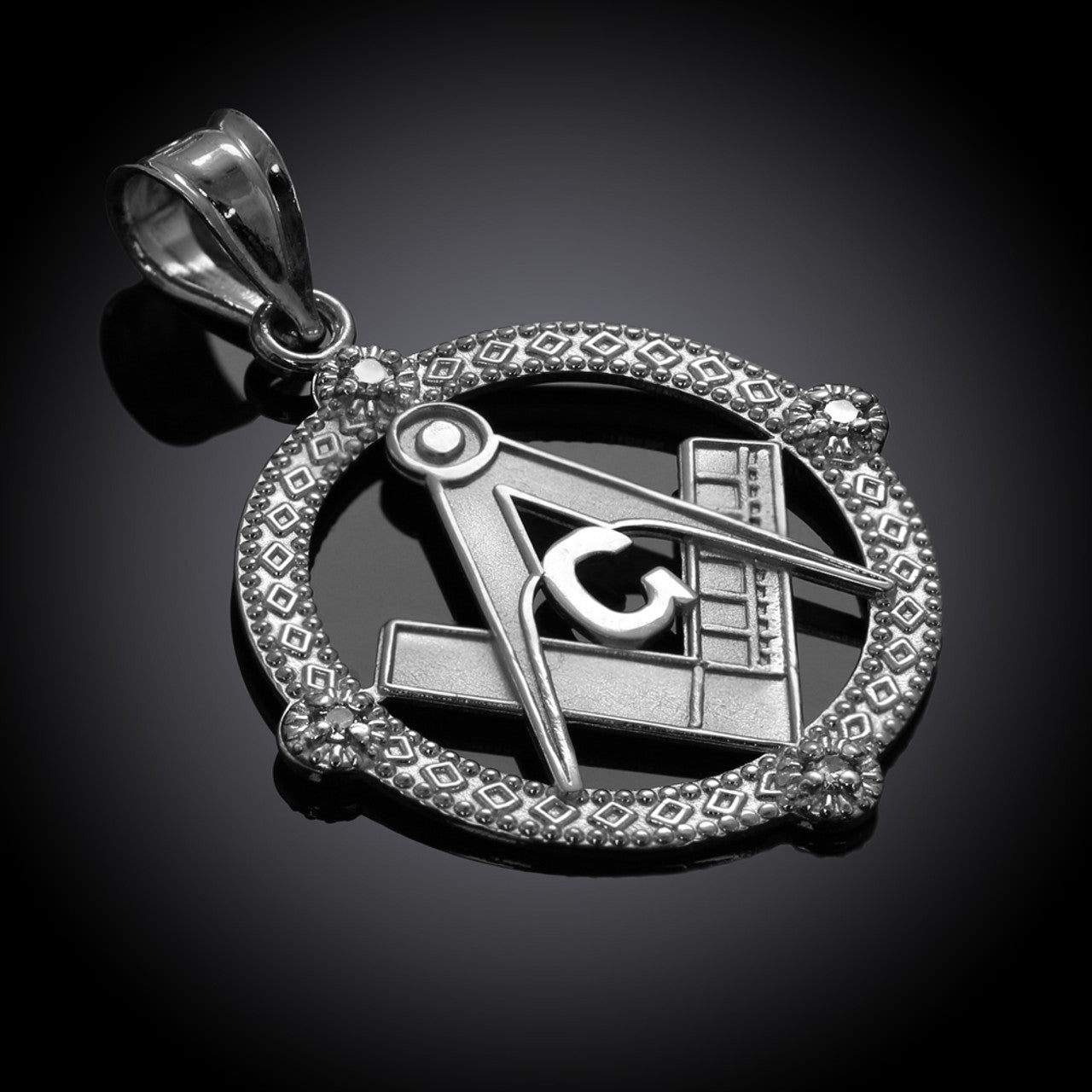 .925 Sterling Silver Freemason Diamond Square & Compass Round Beaded Pendant Necklace