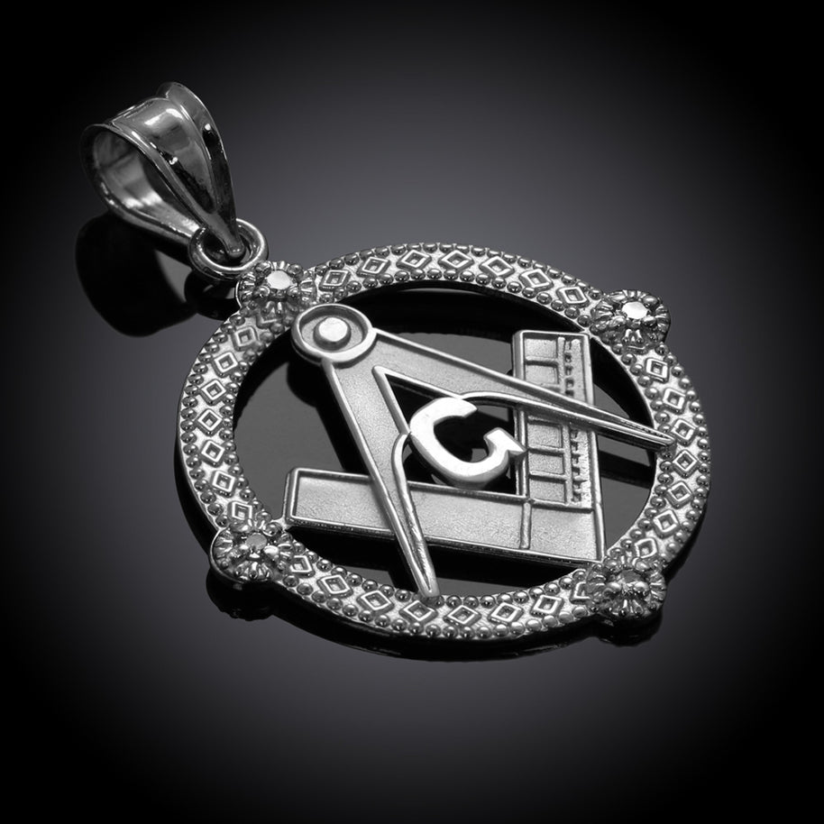 .925 Sterling Silver Freemason Diamond Square & Compass Round Beaded Pendant Necklace