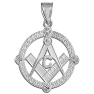 .925 Sterling Silver Freemason Diamond Square & Compass Round Beaded Pendant Necklace