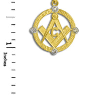 Solid Gold Freemason Diamond Square & Compass Round Beaded Pendant Necklace(Available In Yellow/White/Two Tone Gold)