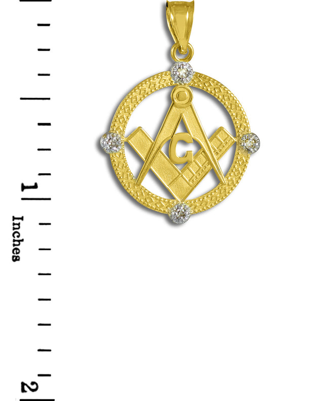 Solid Gold Freemason Diamond Square & Compass Round Beaded Pendant Necklace(Available In Yellow/White/Two Tone Gold)