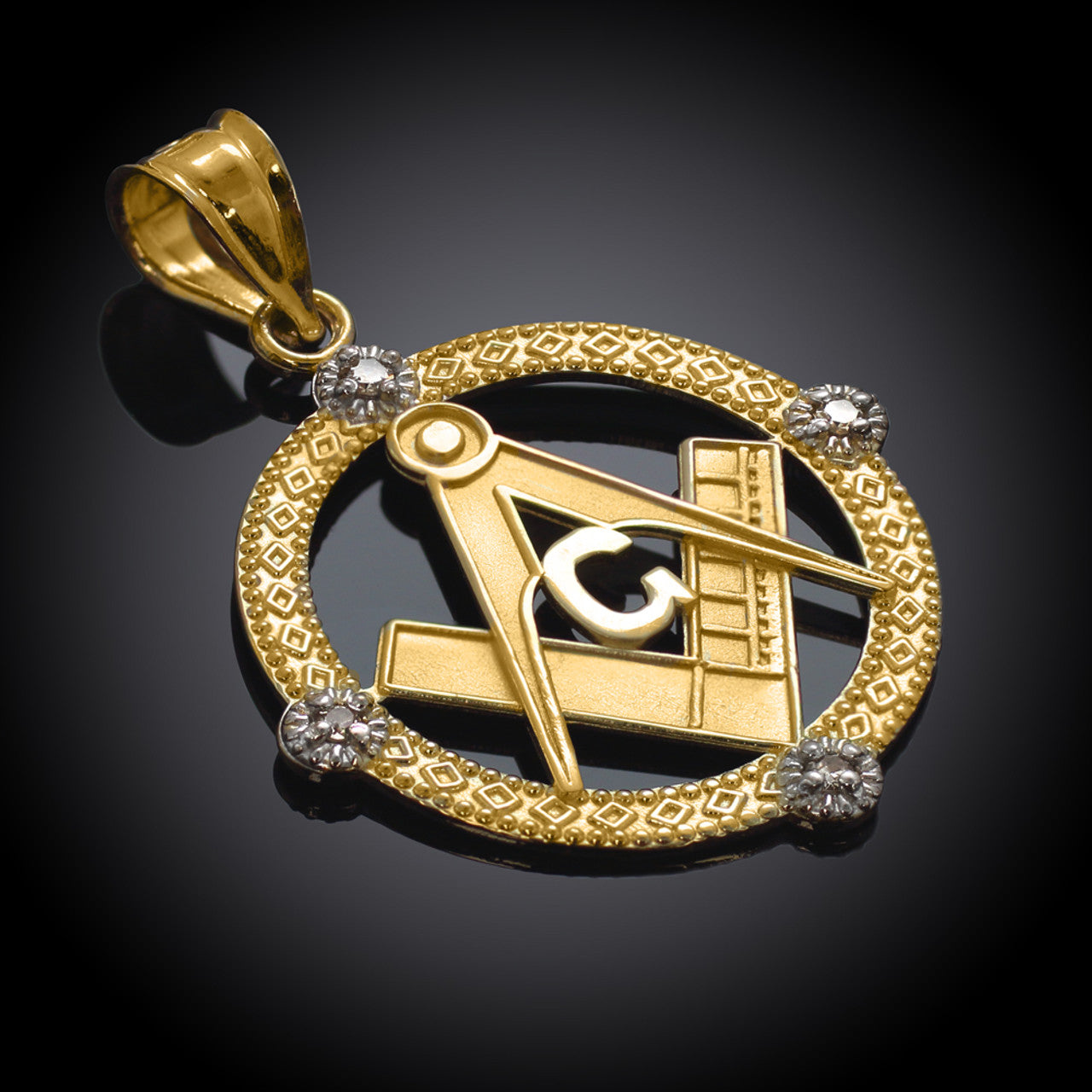 Solid Gold Freemason Diamond Square & Compass Round Beaded Pendant Necklace(Available In Yellow/White/Two Tone Gold)