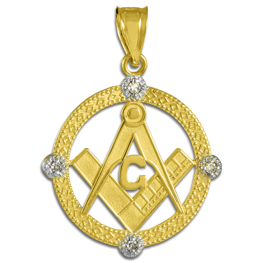Solid Gold Freemason Diamond Square & Compass Round Beaded Pendant Necklace(Available In Yellow/White/Two Tone Gold)