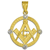 Solid Gold Freemason Diamond Square & Compass Round Beaded Pendant Necklace(Available In Yellow/White/Two Tone Gold)