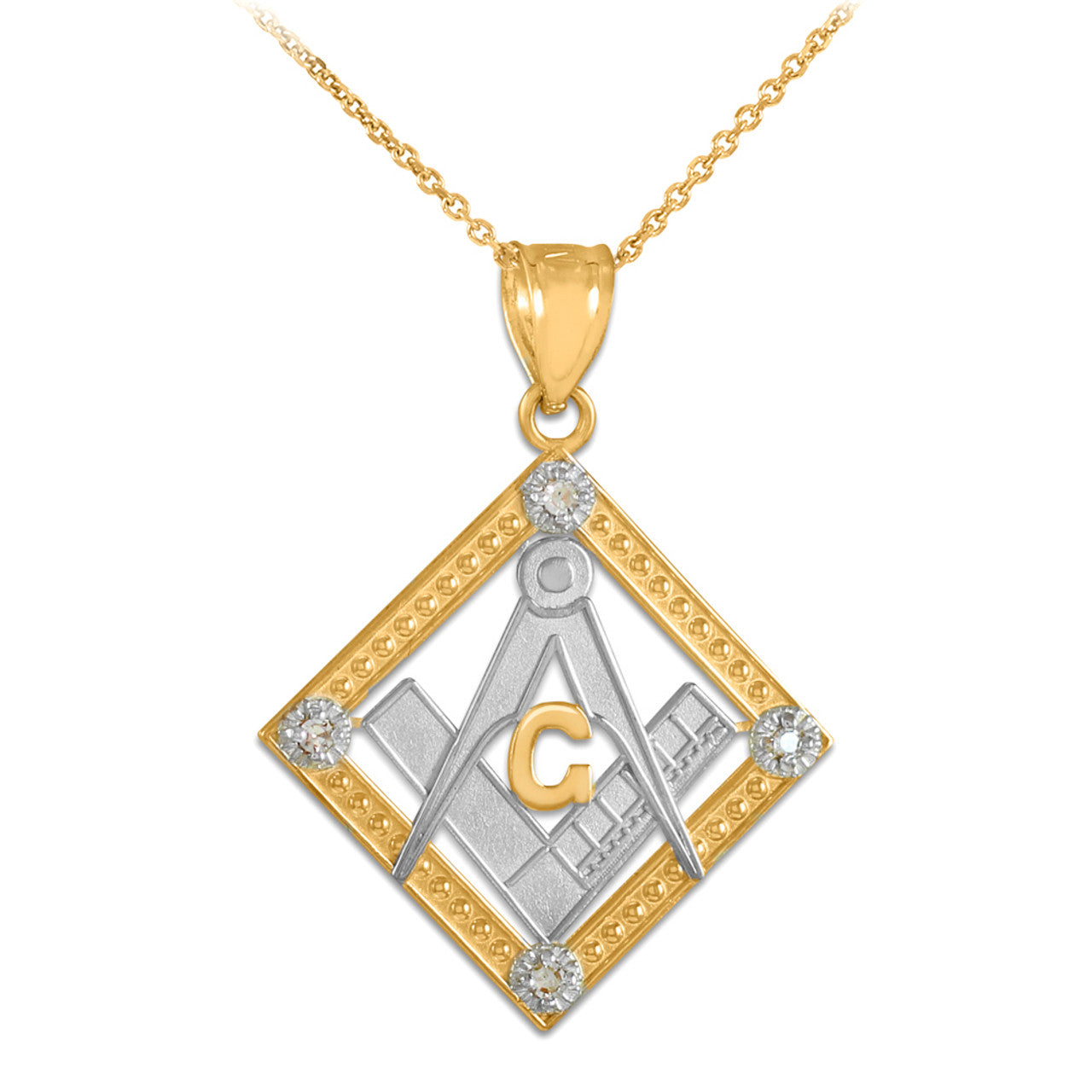 Two-Tone Gold Freemason CZ Square & Compass Diamond Shaped Pendant Necklace