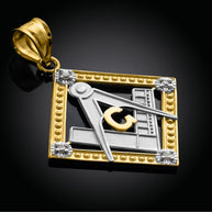 Two-Tone Gold Freemason CZ Square & Compass Diamond Shaped Pendant Necklace