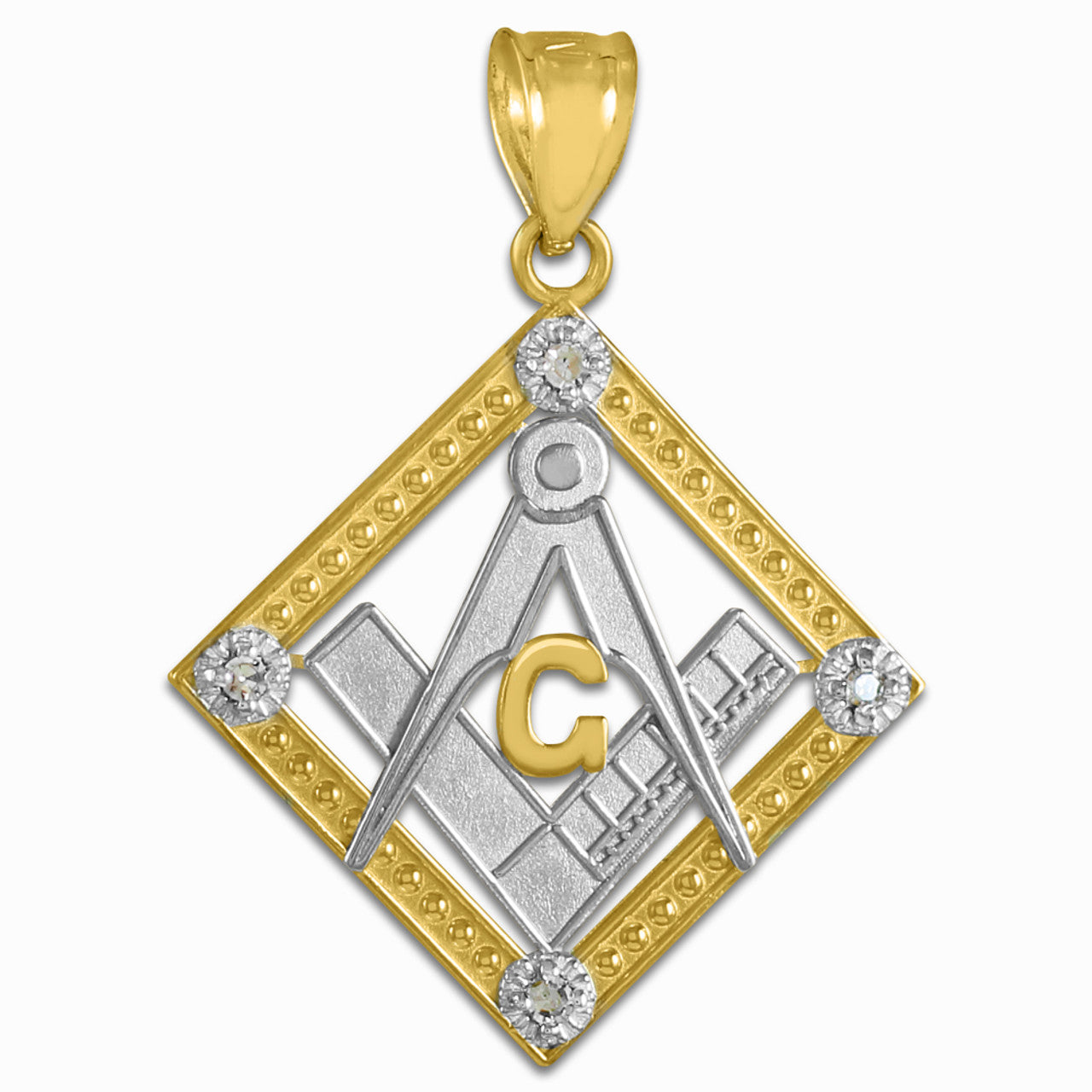 Two-Tone Gold Freemason CZ Square & Compass Diamond Shaped Pendant Necklace
