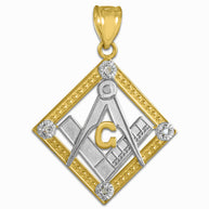 Two-Tone Gold Freemason CZ Square & Compass Diamond Shaped Pendant Necklace