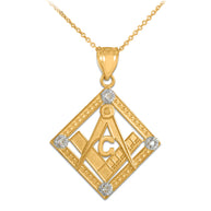 Yellow Gold Freemason CZ Square & Compass Diamond Shaped Pendant Necklace