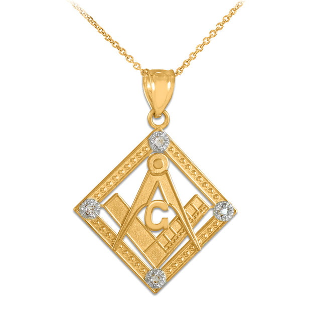 Yellow Gold Freemason CZ Square & Compass Diamond Shaped Pendant Necklace
