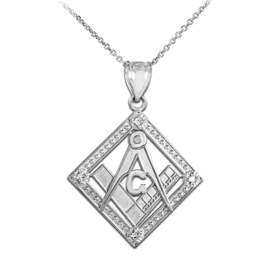 .925 Sterling Silver Freemason CZ Square & Compass Diamond Shaped Pendant Necklace