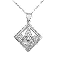.925 Sterling Silver Freemason CZ Square & Compass Diamond Shaped Pendant Necklace