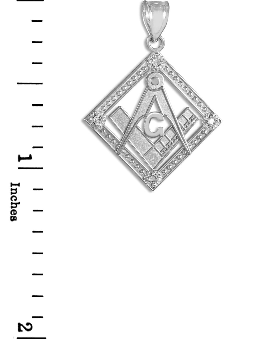 .925 Sterling Silver Freemason CZ Square & Compass Diamond Shaped Pendant Necklace
