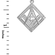 .925 Sterling Silver Freemason CZ Square & Compass Diamond Shaped Pendant Necklace