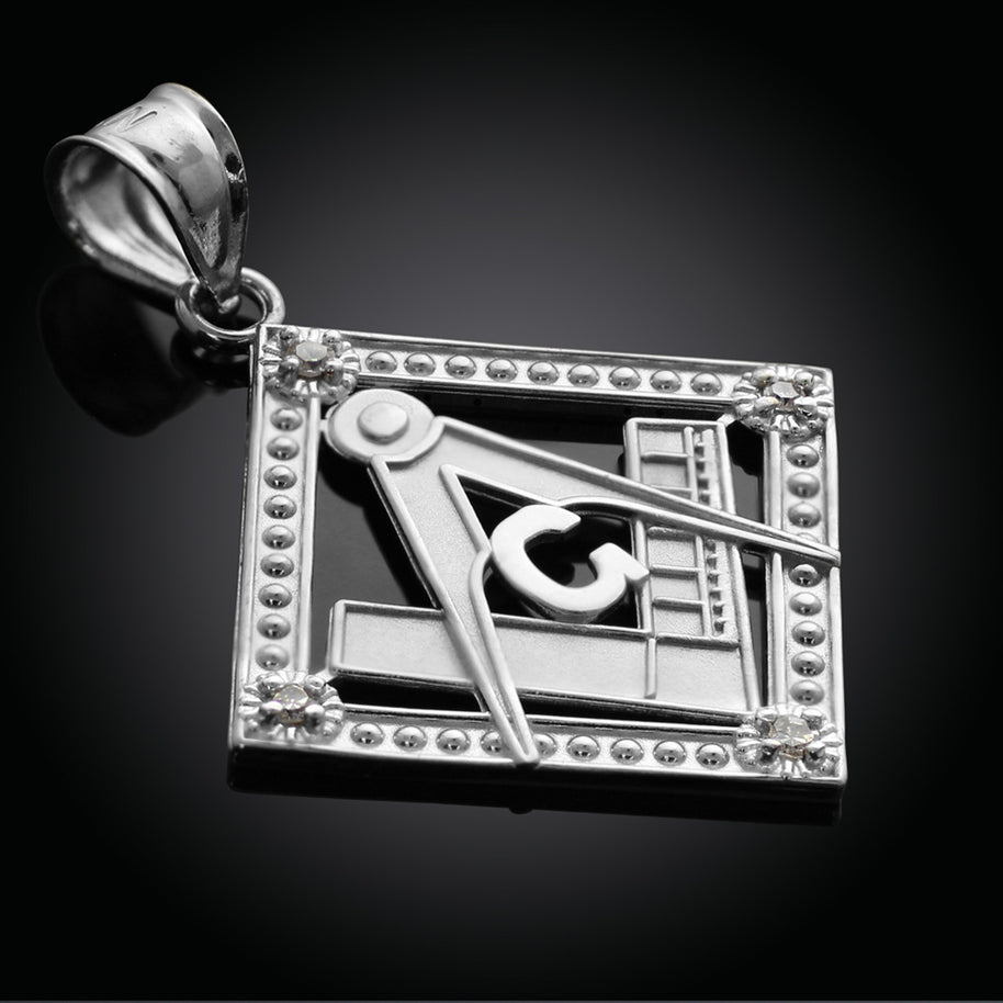 .925 Sterling Silver Freemason CZ Square & Compass Diamond Shaped Pendant Necklace