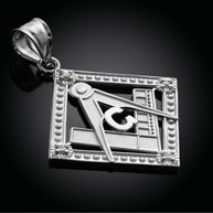 .925 Sterling Silver Freemason CZ Square & Compass Diamond Shaped Pendant Necklace