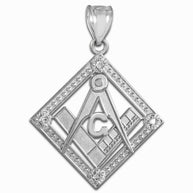 .925 Sterling Silver Freemason CZ Square & Compass Diamond Shaped Pendant Necklace