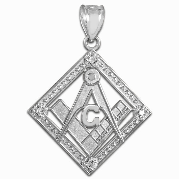 .925 Sterling Silver Freemason CZ Square & Compass Diamond Shaped Pendant Necklace