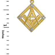 Yellow Gold Freemason CZ Square & Compass Diamond Shaped Pendant Necklace