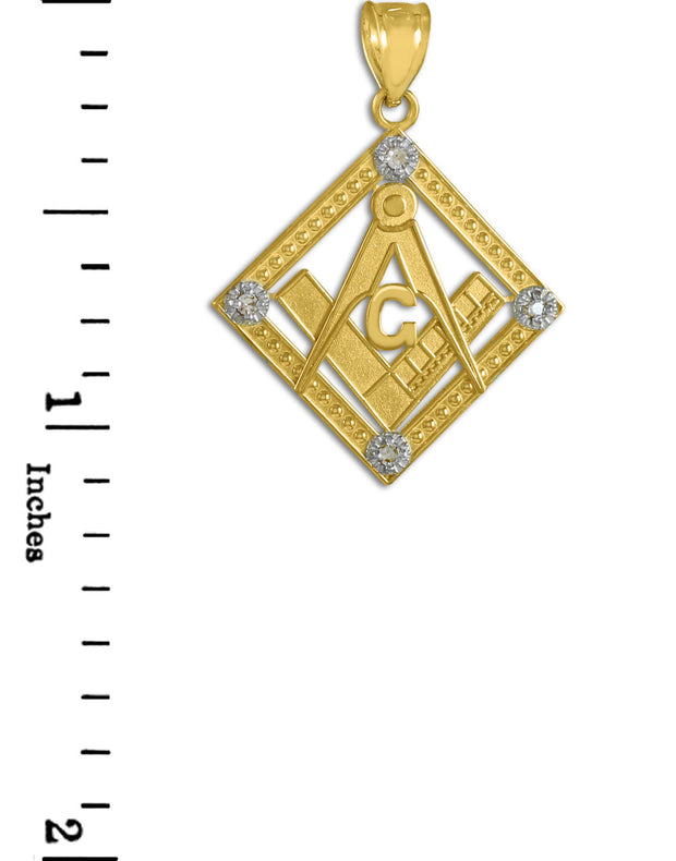 Yellow Gold Freemason CZ Square & Compass Diamond Shaped Pendant Necklace
