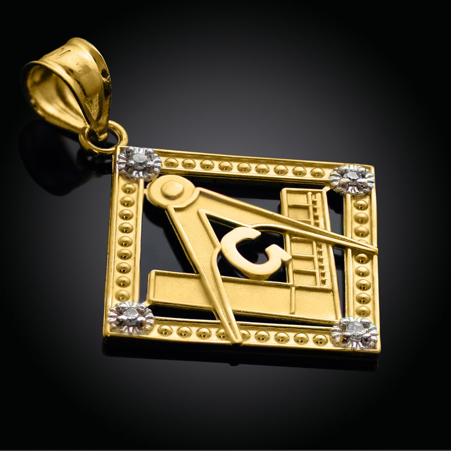 Yellow Gold Freemason CZ Square & Compass Diamond Shaped Pendant Necklace