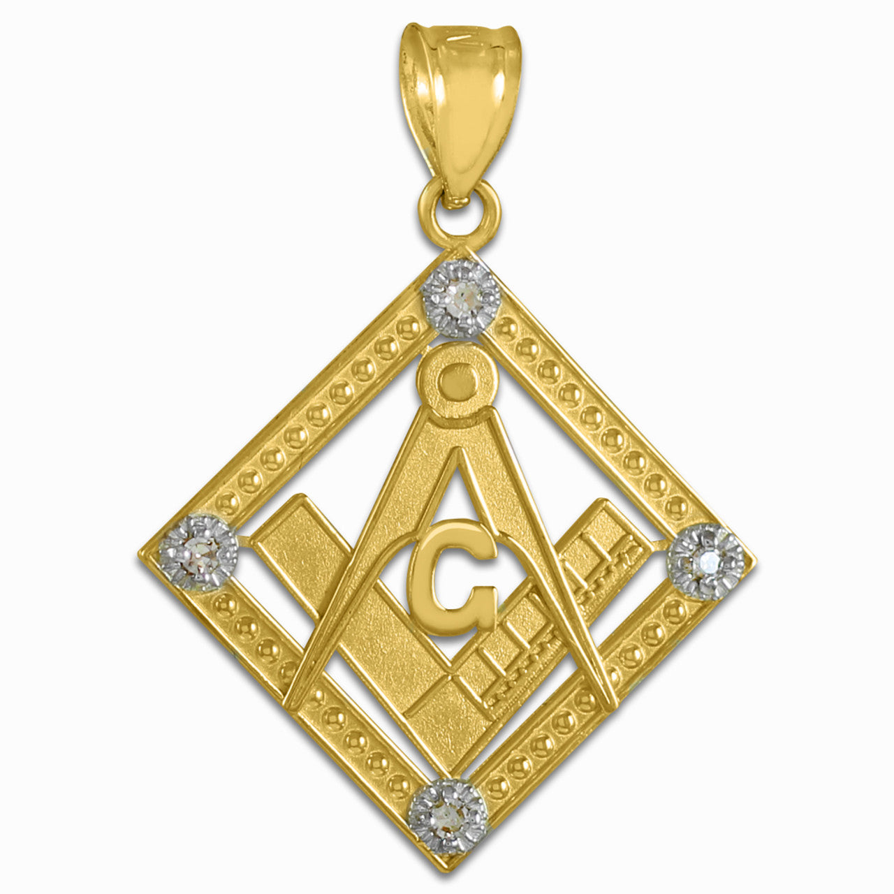 Yellow Gold Freemason CZ Square & Compass Diamond Shaped Pendant Necklace