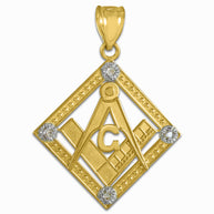 Yellow Gold Freemason CZ Square & Compass Diamond Shaped Pendant Necklace